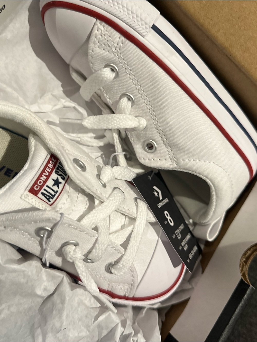 Converse White Low Top Sneakers with Red & Navy Accents